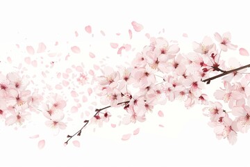 Delicate Cherry Blossom Branch Falling Petals on White Background Generative AI