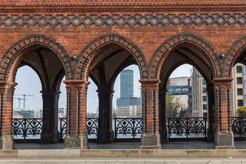 Berlin, Germany, April 2, 2024, view over the river Spree between Kreuzberg and Friedrichshain with Oberbaumbr&uuml;cke in the background