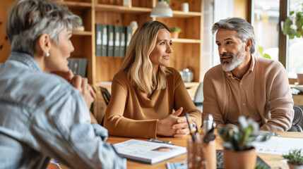 Fototapeta premium a of a middle-aged couple sitting across from a planner in a cozy office, discussing future plans, discussing, middle-aged, couple, planner, with copy space