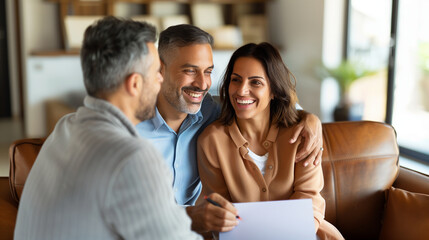Fototapeta premium a detailed image of the couple smiling as they review their future plans with the planner, discussing, middle-aged, couple, planner, with copy space