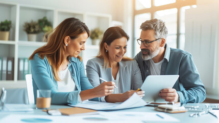 Obraz premium a of the couple looking over a financial report with the planner in a bright office, discussing, middle-aged, couple, planner, with copy space
