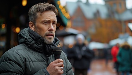 Male reporter with a microphone in a cold urban landscape