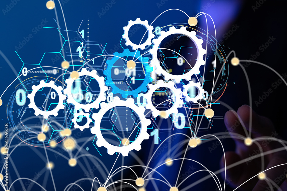Poster Neural network 3D illustration. Big data and cybersecurity