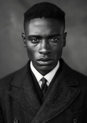 Obraz premium A powerful black-and-white portrait of a man in a formal coat and tie, exuding confidence and poise, highlighted by dramatic lighting and a strong, piercing gaze.