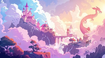 Magical flat illustration of a fairy tale journey with a princess and her loyal dragon flying over a high fantasy kingdom © Melon