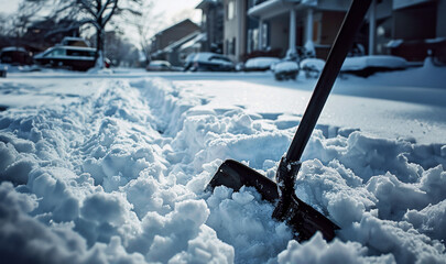 Snow shovel in the snow on a sidewalk in a neighborhood, select focus 