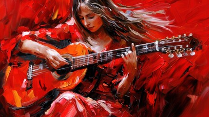 A bright, colorful oil painting of a woman playing a guitar.