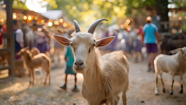 Fuzzy snapshot of e animals roaming around a crowded petting zoo with kids in the background.