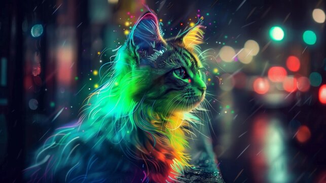 A British Shorthair cat stands in the rain, bathed in colorful neon lights, with the city of London in the background.