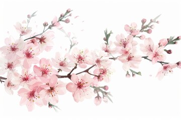 Fototapeta premium Blooming Cherry Blossom Branch on White Background for Spring Designs Generative AI