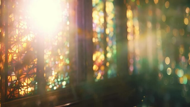 A faint glow of sunlight filters through stained glass windows creating a dreamlike atmosphere.