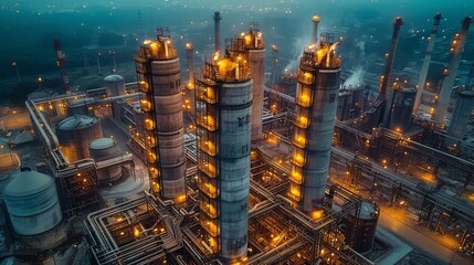 Twilight descends on an industrial facility with glowing lights, highlighting the energy and operations of the plant