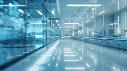 Futuristic hallway with a glowing blue door in the center