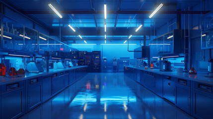 Futuristic hallway with a glowing blue door in the center