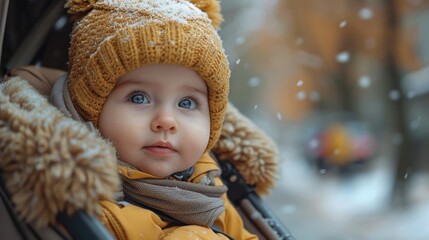 An infant marvels at falling snowflakes, adorned with a snow-covered beanie and a warm jacket
