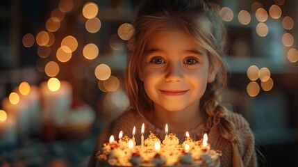 Naklejka premium A young girl appears to make a wish with a cake full of lit candles in a festive setting
