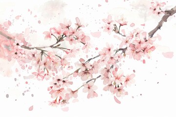 Fototapeta premium Whimsical Cherry Blossom Branch Falling Petals on White Background Generative AI