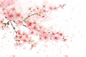 Whimsical Cherry Blossom Branch Falling Petals on White Background Generative AI