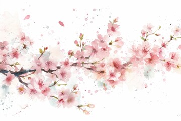 Whimsical Cherry Blossom Branch Falling Petals on White Background Generative AI