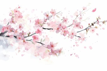 Delicate Cherry Blossom Branch Falling Petals on White Background Generative AI