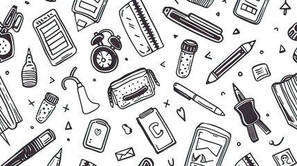 School supplies seamless pattern. Education accessories pencil and pen notebook black line doodle cartoon isolated on white background creative design textile. AI generated illustration