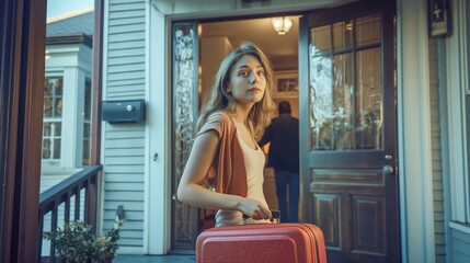A young woman, suitcase in hand, departs her daytime-lit home through the front door.