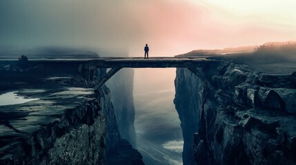 Man confronting his fear at the edge of an abyss, a bridge to a new world symbolizing strength in embracing life's challenges.