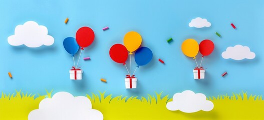 Naklejka premium Papercraft Balloons Carrying Gifts Against a Blue Sky