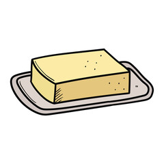 Hand drawn cartoon butter on plate on white background.