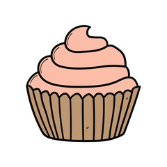 Hand drawn cartoon peach cupcake on white background.