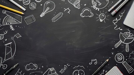 Creative educational sketch on blackboard background with copy space. Education and knowledge concept. AI generated illustration