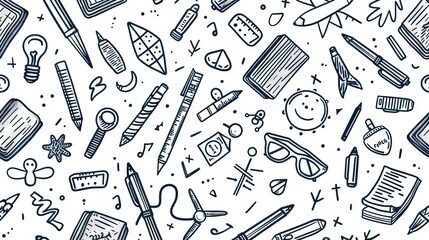 School supplies seamless pattern. Education accessories pencil and pen notebook black line doodle cartoon isolated on white background creative design textile. AI generated illustration
