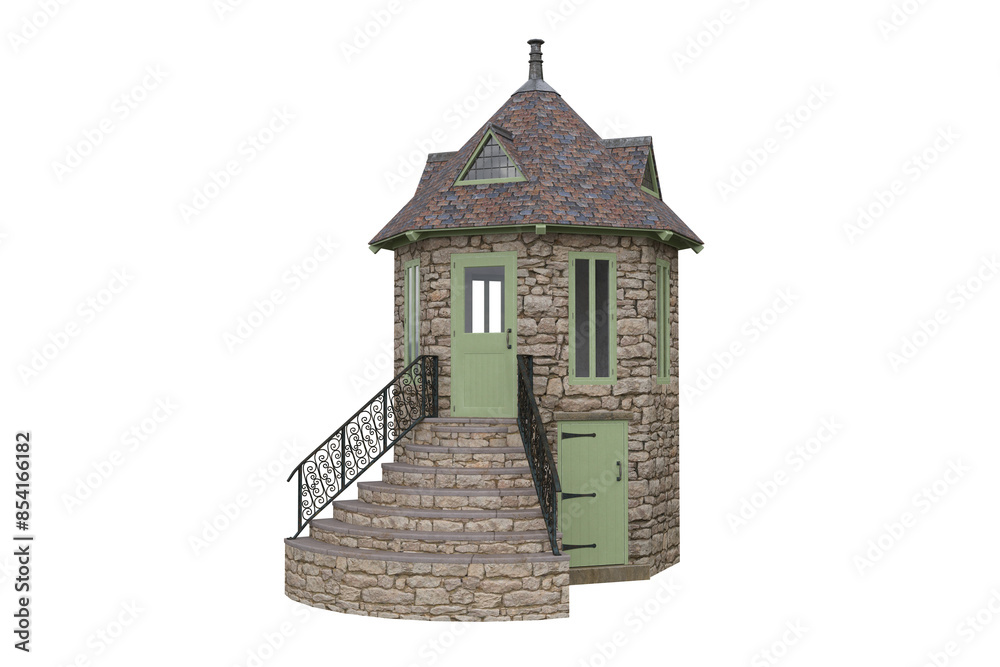 Poster isolated 3d render of a round tower folly building with vaulted roof.