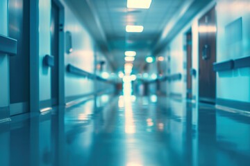Fototapeta premium Blurred background of hospital corridor with doors and lights, blurred medical clinic interior, soft focus on motion blur Generative AI