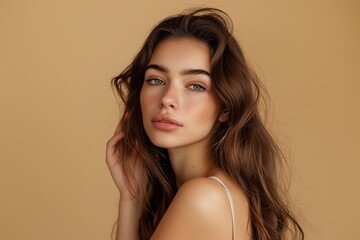 Fototapeta premium Portrait of an attractive young woman in beige background, Elegance in Beige, Portrait of an Attractive Young Woman, Soft and Natural, Portrait Photography of a Young Woman in Beige