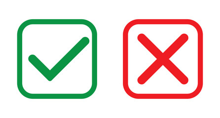 Check mark and wrong mark icon design with stroke line. Tick and cross checkmark icon. Yes and no buttons. Set of red X and green check mark icons. Vector illustration. 