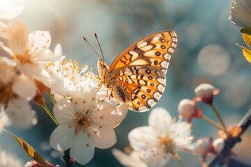 Obraz premium A vibrant butterfly with intricate patterns on its wings perched on white cherry blossoms, surrounded by a soft, dreamy background.