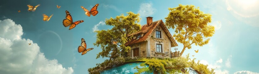 A charming cottage rests atop a lush, spherical globe under a bright sky, with butterflies fluttering around, creating a whimsical, fairytale-like scene.