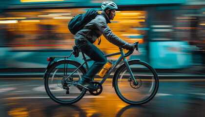 An electric bicycle commuter speeds down an urban street with motion blur showing the movement and city in the backdrop