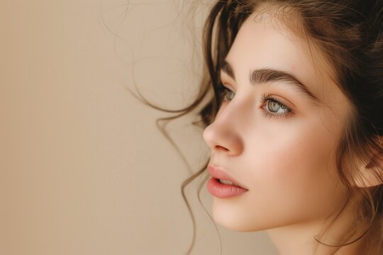 Portrait of an attractive young woman in beige background, Elegance in Beige, Portrait of an Attractive Young Woman, Soft and Natural, Portrait Photography of a Young Woman in Beige