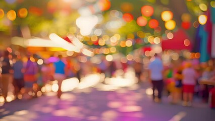 Outoffocus scenes of colorful stalls and lively music at a bustling craft fair event.