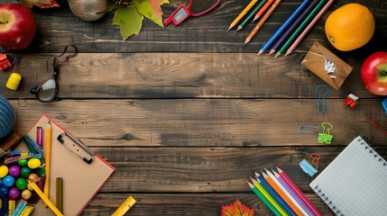 School supplies on a wooden table with space for text, top view. AI generated illustration