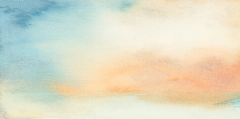 Ink watercolor hand drawn smoke flow stain blot on wet paper texture background. Beige, blue pastel colors.