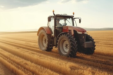 Fototapeta premium A red tractor stands in a harvest-ready golden wheat field, highlighting agricultural machinery
