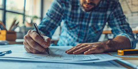 Seasoned architect meticulously drafting blueprints for an innovative skyscraper design, emphasizing creativity and technical proficiency in urban planning