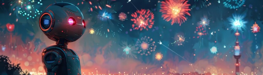 Obraz premium Android robot watching fireworks display, high-resolution, vibrant colors, hyper-realistic, detailed night sky