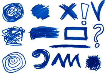 Various shapes drawn with a blue felt-tip pen on an isolated background