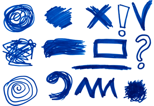 Various shapes drawn with a blue felt-tip pen on an isolated background