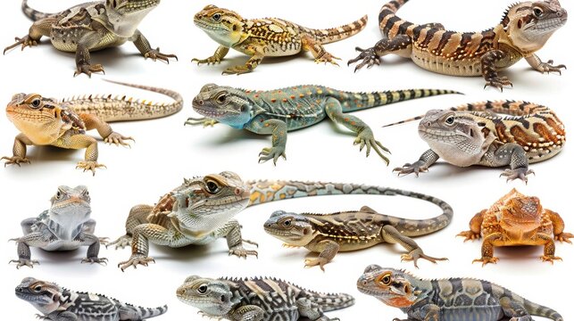 Collage of various reptiles on a white background