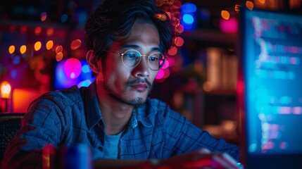 A man works intently on a laptop at night, illuminated by the screen in a dark room